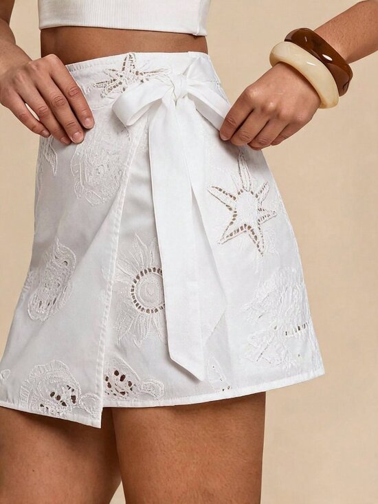 Dresses & Skirts - White Casual Women's Beach Vacation Eyelet Wrap Tie Waist Skirt